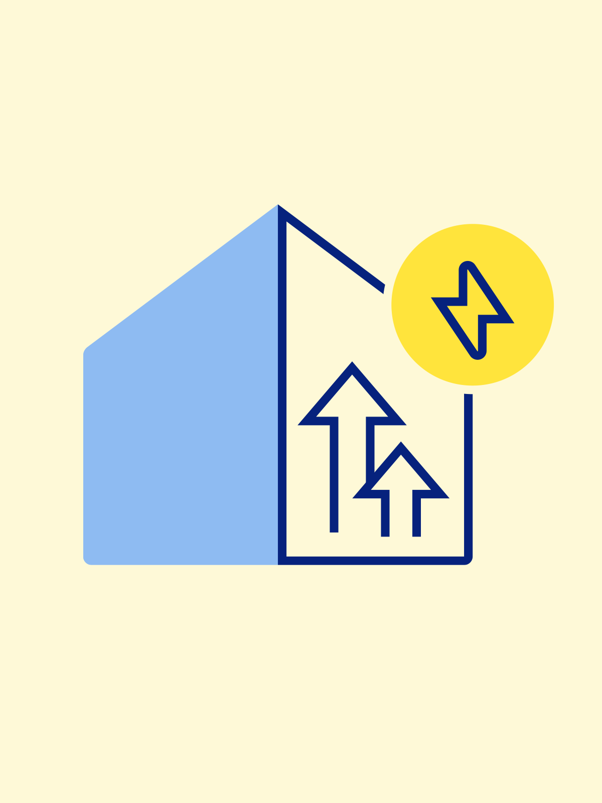 Ein animiertes GIF zeigt im Wechsel drei verschiedene Icons im admi-Design auf hellgelbem Hintergrund. Erstes Icon: Ein stilisiertes Haus in Hellblau mit dunkelblauen Linien, im Inneren drei nach oben zeigende Pfeile und rechts oben ein gelber Kreis mit Blitzsymbol für Energie. Zweites Icon: Ein Solarpanel in dunkelblauen Linien mit hellblauer Fläche und einer gelben Sonne mit Strahlen, die Photovoltaik symbolisiert. Drittes Icon: Ein Computerbildschirm mit Balkendiagramm in Dunkelblau auf hellblauem Standfuß und ein gelber Kreis mit Lupensymbol, das für Datenanalyse steht. Die Icons veranschaulichen admi's Tätigkeitsbereiche: Energetische Modernisierung, Photovoltaik und Monitoring.